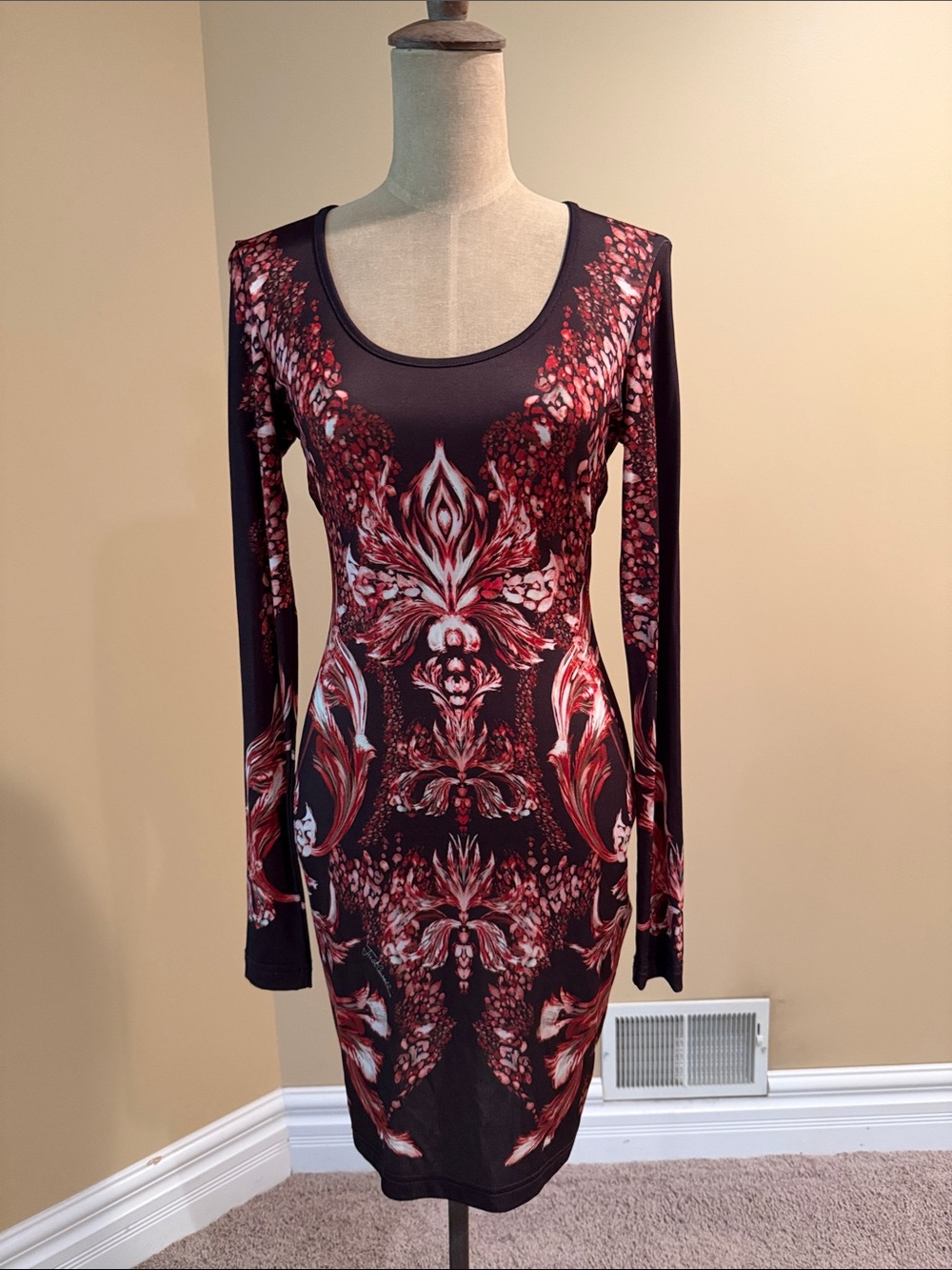 Just Cavalli Italy Women Red Long Sleeve Scoop Neck Knee Length Dress NWT